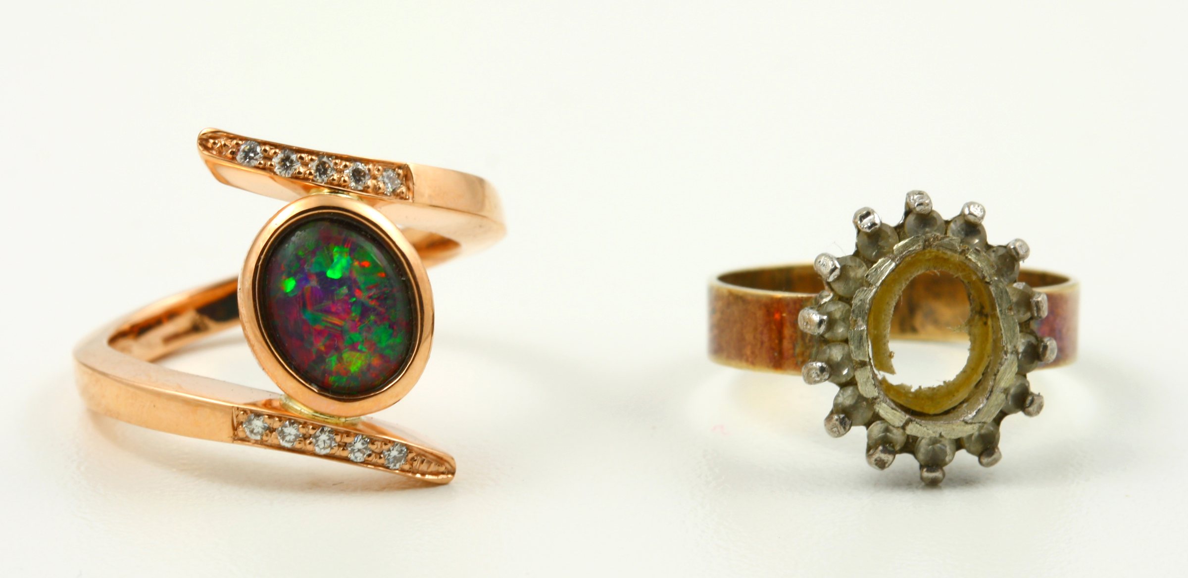 Side by side: a worn yellow gold ring with its cluster setting empty, and the rose gold ring with a black opal and diamonds that was made from it