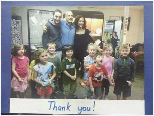 A hand-drawn thank-you card from a preschool group after their visit to the studio