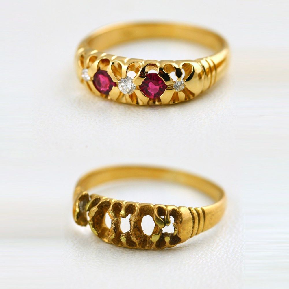 Before and after: an heirloom gold ring restored with rubies and diamonds, and below it the same ring as it came in, its settings empty