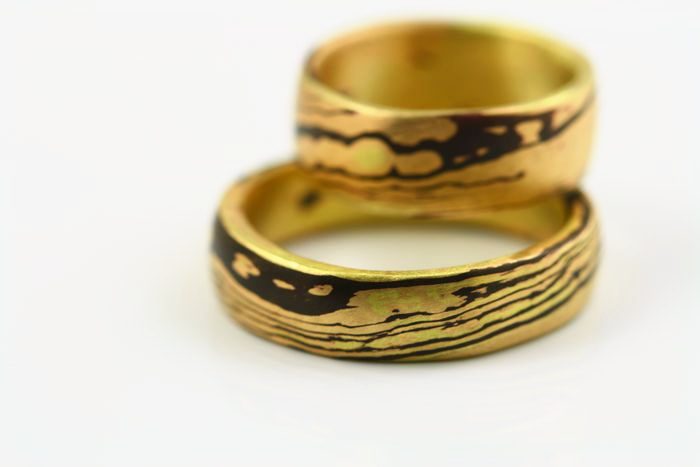Pair of Mokume Gane bands: Mokume Gane, gold with shakudo