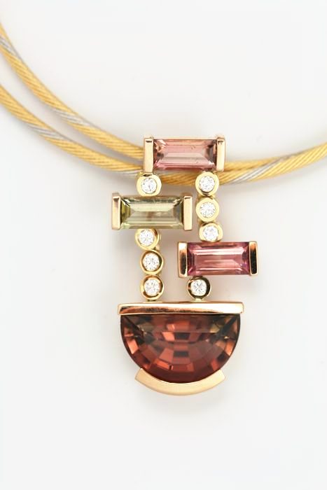 Tourmaline stack pendant: Tourmalines and diamonds set in 18 karat rose gold