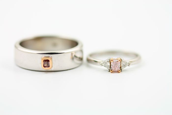 Pink diamond pair: pink diamonds set in 18 karat white gold