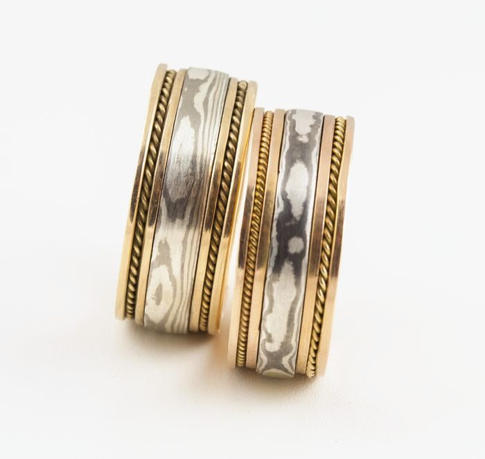 Rope-edge Mokume Gane bands: Mokume Gane bands with 18 karat gold