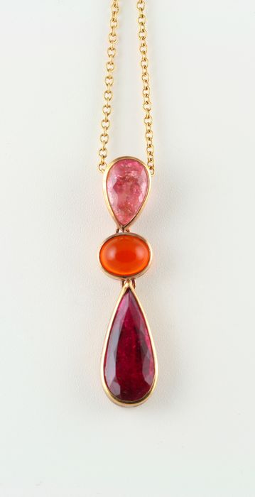 Triple drop pendant: Tourmaline, Fire Opal and Rubellite Tourmaline set in 18 karat gold