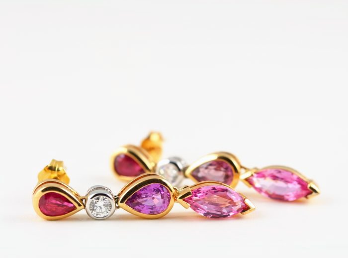 Sapphire pear earrings: pink Sapphires, purple Sapphires, Rubies and diamonds set in 18 karat rose and white gold