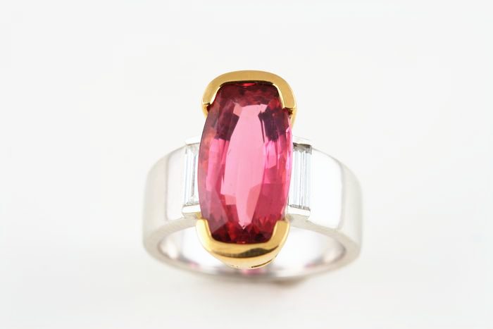 Rubellite Tourmaline and diamond ring: a Rubellite Tourmaline with diamonds in 18 karat white gold