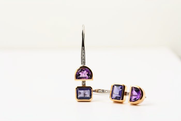 Amethyst drop earrings: Amethysts and diamonds set in 18 karat white gold