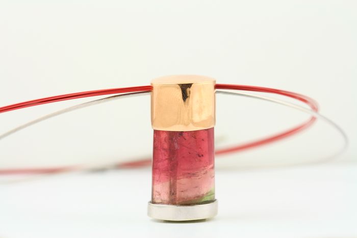 Tourmaline cylinder pendant: a pink Tourmaline set in 18 karat rose gold