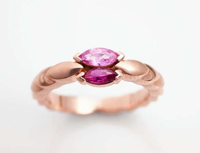 Sapphire marquise ring: a pink Sapphire set in matte finished 18 karat rose gold