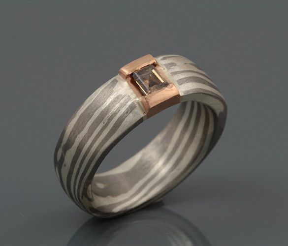 Cognac diamond Mokume Gane ring: a cognac diamond set in a Mokume Gane ring