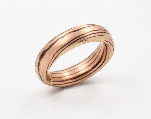 Wood-grain band: Mokume Gane, rose gold with shakudo