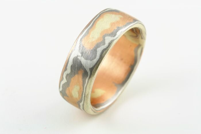 Wood-grain band: Mokume Gane, rose gold with silver