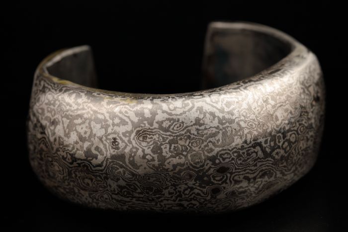 Etched Mokume Gane cuff: Mokume Gane, 18 karat white gold with silver