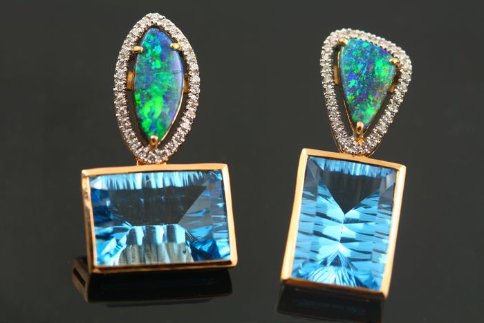 Boulder Opal earrings: Boulder Opals, blue Topaz and diamonds set in 18 karat gold