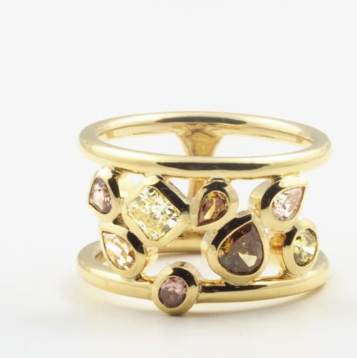 Coloured diamond bubble ring: coloured diamonds set in 18 karat yellow gold