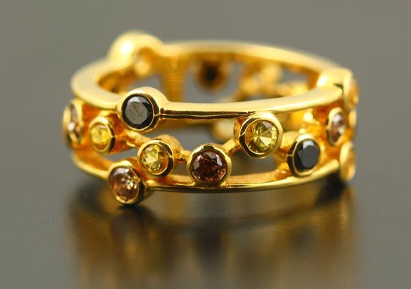 Coloured diamond bubble ring: cognac, champagne and black diamonds set in 18 karat yellow gold