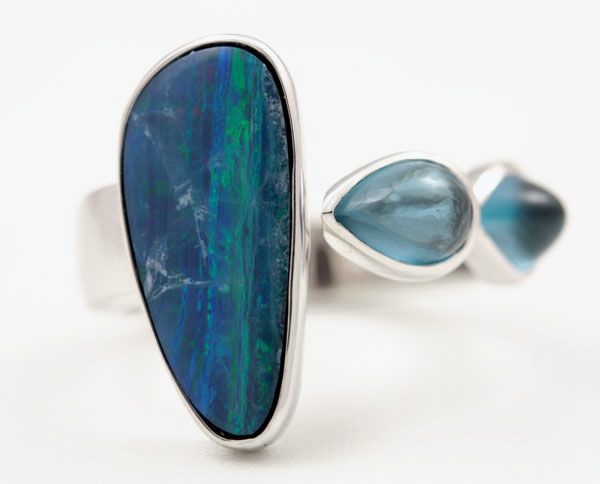 Opal and Apatite ring: a Boulder Opal with Apatite in 18 karat white gold