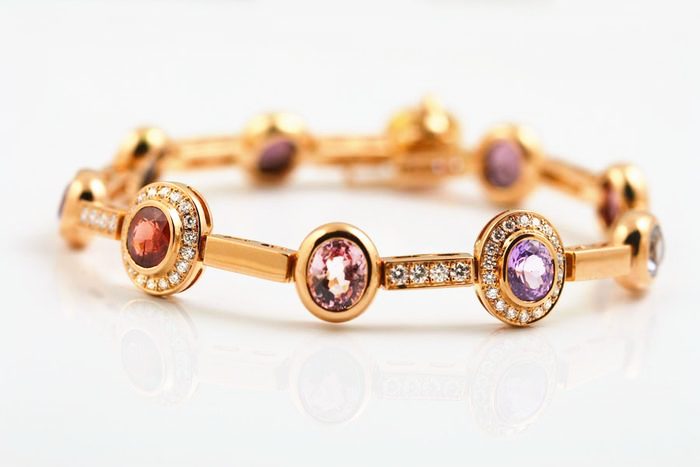 Tourmaline bar bracelet: pink Tourmalines and diamonds set in 18 karat rose gold