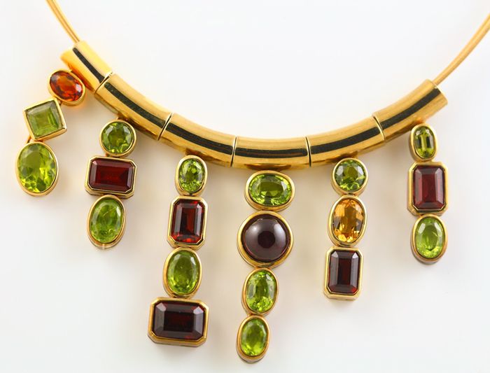 Peridot fringe necklace: Peridots, Garnets and Citrines set in 18 karat yellow gold