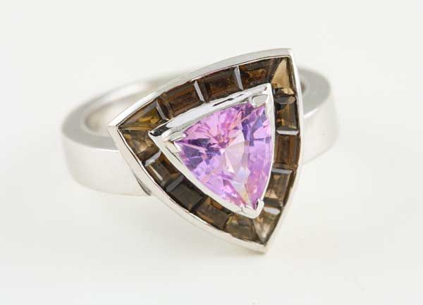 Trillion Kunzite ring: a Kunzite with Smoky Quartz in 18 karat white gold