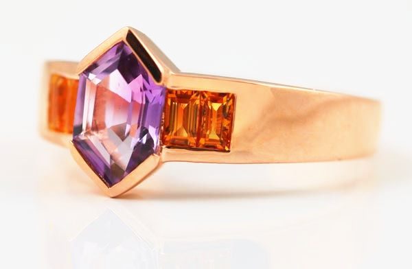Amethyst hexagon ring: an Amethyst with Citrines in 18 karat rose gold