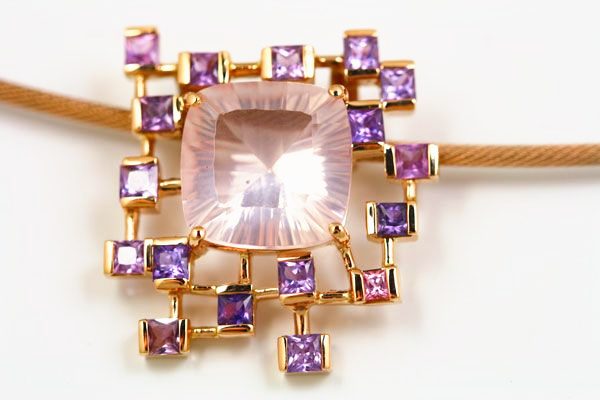 Rose Quartz mosaic pendant: a Rose Quartz with pink and purple Spinels in 18 karat rose gold