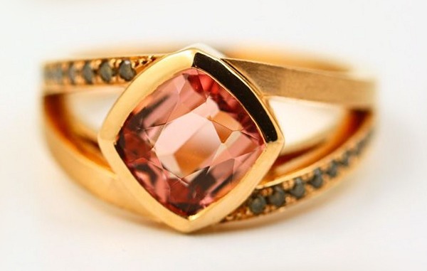 Tourmaline cushion ring: a pink Tourmaline with champagne diamonds in matte finished 18 karat rose gold
