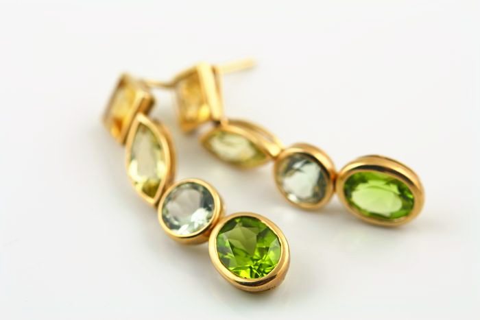 Peridot and Citrine drops: Peridots, green Amethysts, lemon Citrines and Citrines set in 18 karat yellow gold
