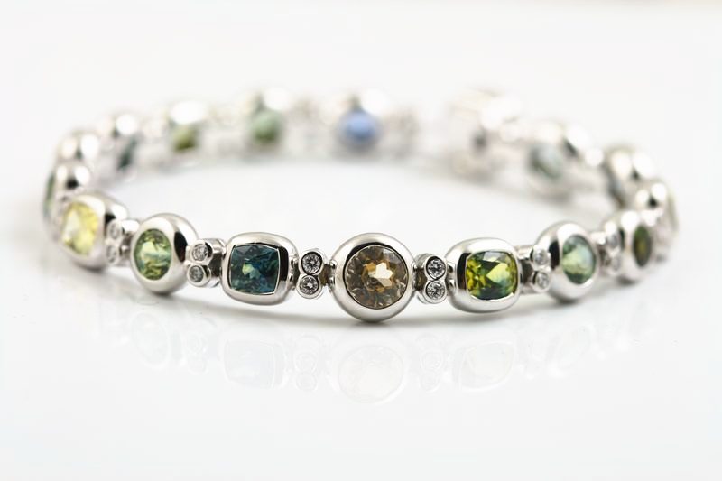 A bracelet of round and square green, blue and milky stones linked in white gold